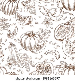 Seamless outlined pattern with engraved pumpkins and leaves. Endless repeatable black and white background with fall vegetables. Vintage hand-drawn vector illustration of texture with etched gourds