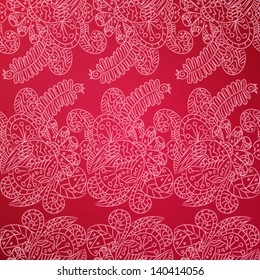 Seamless outlines pattern with ornamental lace flowers and leaves. Texture background in red colors