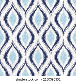 Seamless Oval ogee background pattern. Abstract ikat texture on white textile. Traditional bohemian ornament fabric design. 