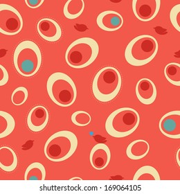 Seamless ovals and birds pattern - red color.