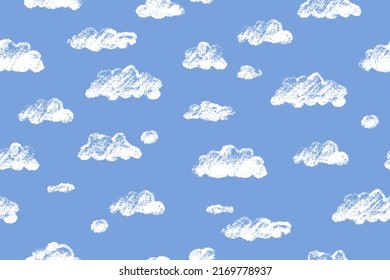 Seamless sky’s overcast. Light blue cloudy pattern. Kids sketch. Lots of clouds. Pastel print for kids