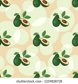 Seamless overlapping patterns with avocado fruits and circles. Separated beige background. Swatches are included in EPS file.