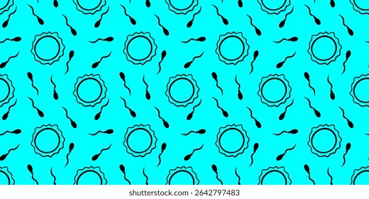 seamless ovum and spermatozoa pattern in black lines on a vibrant blue background ideal for gender reveal parties and pregnancy themes