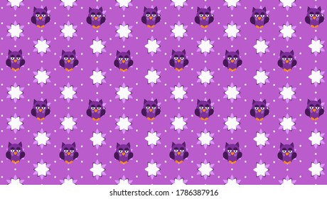 seamless owl pattern, cute childish wallpaper, purple background, vector illustration flat design