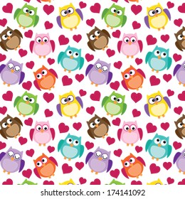 Seamless owl pattern with hearts, on a transparent background svg