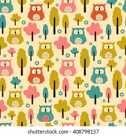 Seamless owl pattern with trees
