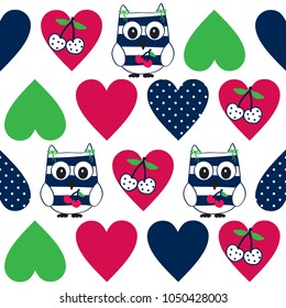 seamless owl pattern vector illustration, cartoon owl, cherry, heart background