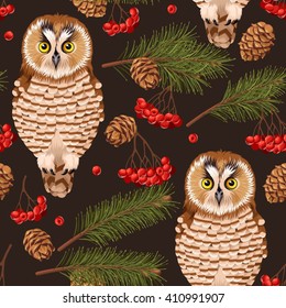 Seamless owl, rowan and fir branches