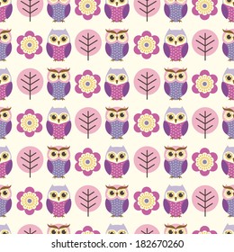 seamless owls and flowers pattern