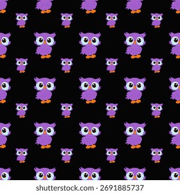 Seamless owls pattern on black background.