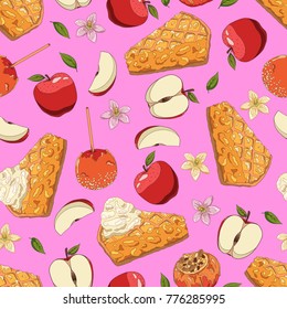 Seamless p background. Pattern of apple and its slice with seeds, leaves, flowers, pie with ice cream, apple in caramel, coconut shavings topping on stick and in honey with filling of nuts.