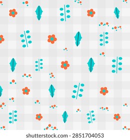Seamless packaging and gift wrap pattern featuring eucalyptus, wildflower, oakleaf motifs in a half-drop arrangement, rendered in the Tropical Burst colorway over a soft gingham backdrop. Repeating vector design for wrapping paper, gift bags, packaging and stationery.