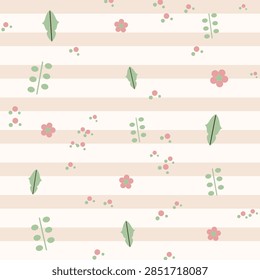 Seamless packaging and gift wrap pattern featuring eucalyptus, wildflower, oakleaf motifs in a column repeat arrangement, rendered in the Watercolor Wash colorway over soft horizontal stripes. Repeating vector design for wrapping paper, gift bags, packaging and stationery.