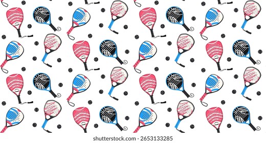 Seamless padel pattern with tennis rackets, balls and sport icons for club design or match background with paddle vector and team game concept