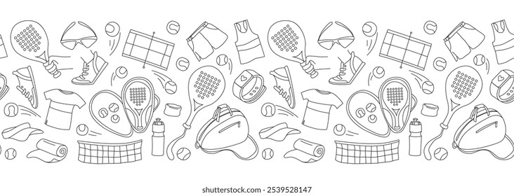 Seamless Padel Tennis Pattern with Rackets, Balls, and Accessories. Line Art Padel Tennis Equipment background Sports Gear, Apparel. Seamless doodle pattern vector illustration.