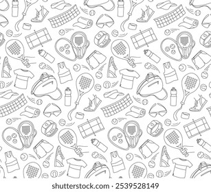 Seamless Padel Tennis Pattern with Rackets, Balls, and Accessories. Line Art Padel Tennis Equipment background Sports Gear, Apparel. Seamless doodle pattern vector illustration.