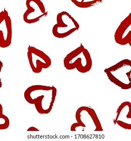 Seamless Paint Brush Pattern. Ornamental Brush Stroke Backdrop. Hearts Paint Pattern. Repeated Heart Scribble Print. Endless Love Stroke Print.