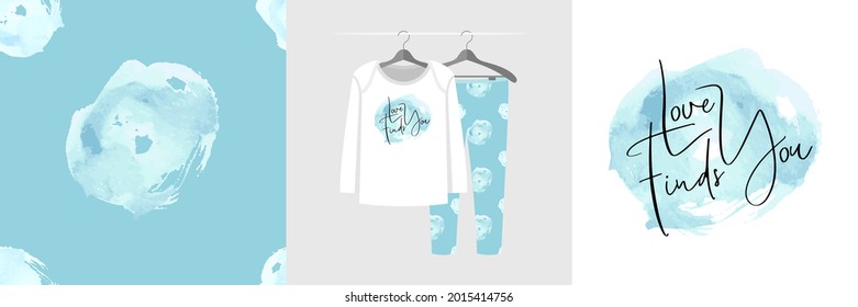 Seamless paint brush splash pattern and illustration set with lettering love finds you. Sweet design pajamas. Cute background for clothes wear, room decor, t-shirt, baby shower invitation, wrapping