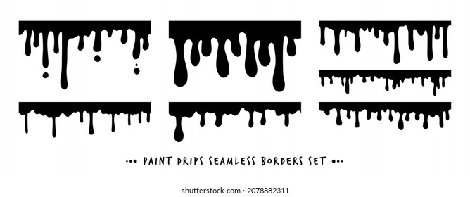 Seamless Paint Dripping Borders Collection. Black Vector water, oil, paint, blood, ink or melt chocolate drips silhouettes set. Liquid stains, abstract splatter design elements on white background.