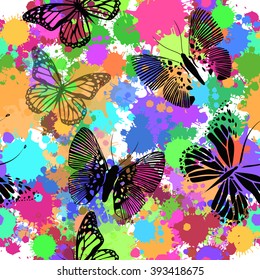 Seamless paint spots with butterflies. Vector