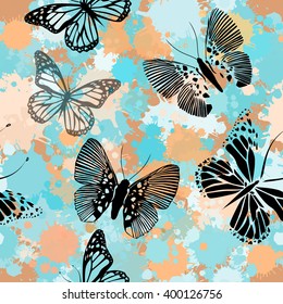 Seamless paint spots with butterflies. Vector