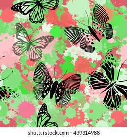 Seamless paint spots with butterflies. Vector