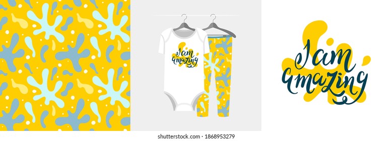 Seamless paint spots pattern and illustration set with lettering I am amazing. Cute design pajamas on hanger. Baby background for clothes wear, room decor, t-shirt, baby shower invitation, wrapping