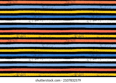Seamless painted stripes vector texture. Beautiful colorful horizontal lines fashion print design. Yellow, red and blue stripes painted on black.