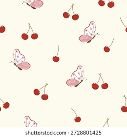 Un par de cerezas sin costuras con tallo y patrón de mariposa, Vector, ilustración