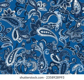 Seamless Paisley background. Elegant blue hand drawn vector pattern. Ethnic style pattern.