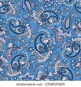 Seamless Paisley background. Elegant blue and purple hand drawn vector pattern. Ethnic style pattern.