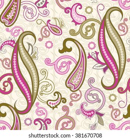 Seamless Paisley background. Elegant Hand Drawn pattern. Floral traditional eastern motifs. Vector illustration