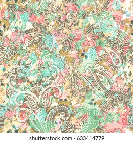 Seamless Paisley background, floral pattern. Colorful ornamental backdrop. Color wallpaper with decorative flowers. Effect of the ancient fresco