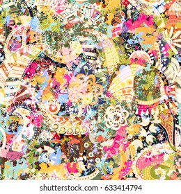 Seamless Paisley background, floral pattern. Colorful ornamental backdrop. Color wallpaper with decorative flowers. Effect of the ancient fresco