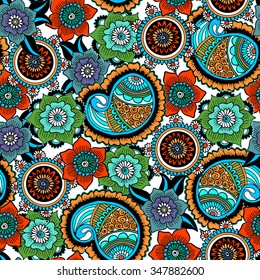 Seamless Paisley background.Traditional Indian pattern. Colorful flowers and leafs. Vector illustration.