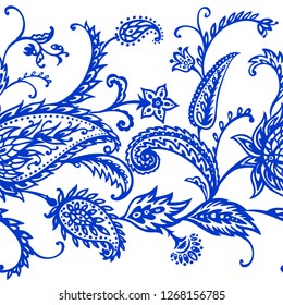 Seamless paisley border in blue, vector illustration, hand drawing. East ornament, buta.