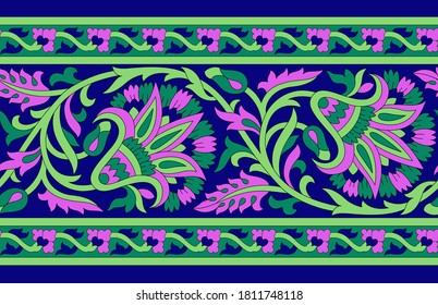 Seamless paisley floral border pattern with navy background