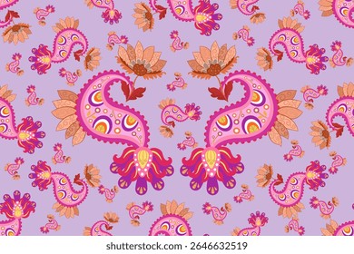 Seamless Paisley Floral Pattern in Pink and Purple on Lilac Background – Ornamental Boho Vintage Textile Design with Intricate Flowers, Abstract Leaves, and Traditional Indian Inspired Motifs