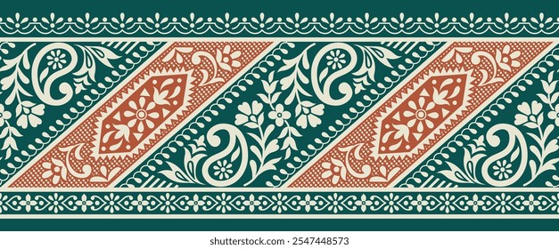 Seamless paisley flower border and motif design 