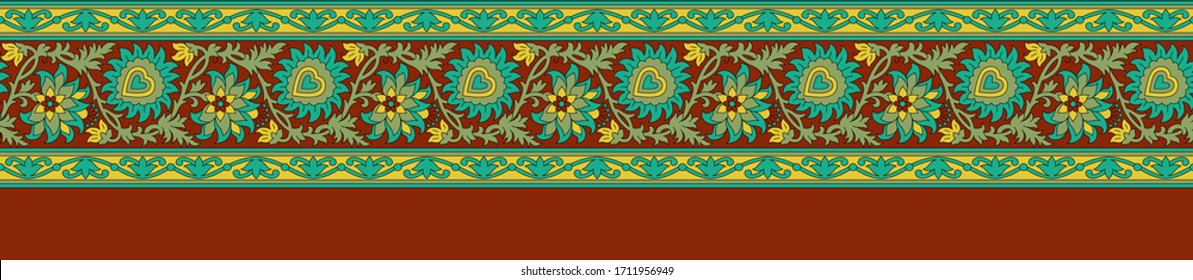 Seamless paisley flower border pattern with brown lasso