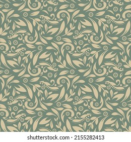 Seamless paisley flowers vector pattern. Abstract modern paisley pattern on green background.