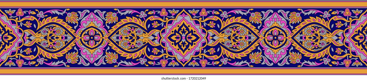 Seamless paisley geometrical border pattern with navy background