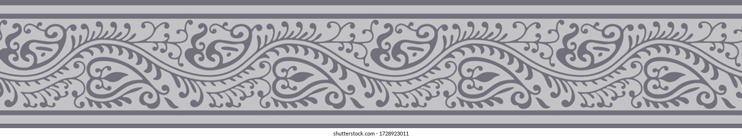 Seamless paisley geometrical border pattern with light grey background