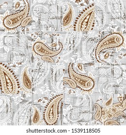 seamless paisley with halftone on grey texture background