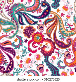 Seamless Paisley hand drawn background. Isolated colorful flowers and leafs. Vector illustration.