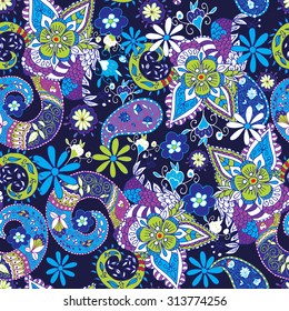 Seamless Paisley hand drawn background.Colorful flowers and leafs. Vector illustration.