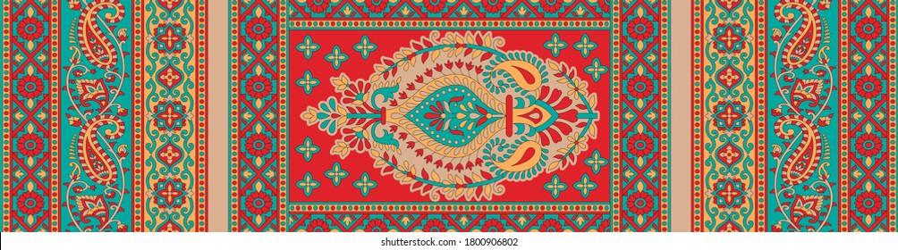 Seamless paisley motif pattern with set of borders