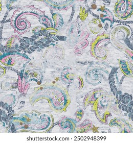 Seamless paisley pattern with abstract rope and ethnic background elements in pink, yellow blue and gray colors