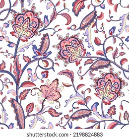 Patrón paisley sin foco con hojas y flores barrocas. Baldosas orientales dibujadas a mano, con kumpur turca o buta. Fondo decorativo encajado en vectores. Textil floral. Motismo indio o turco