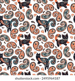 Seamless paisley pattern with cats, repeating pattern. Design for fabric, education, school projects, packaging, stationery, decorative